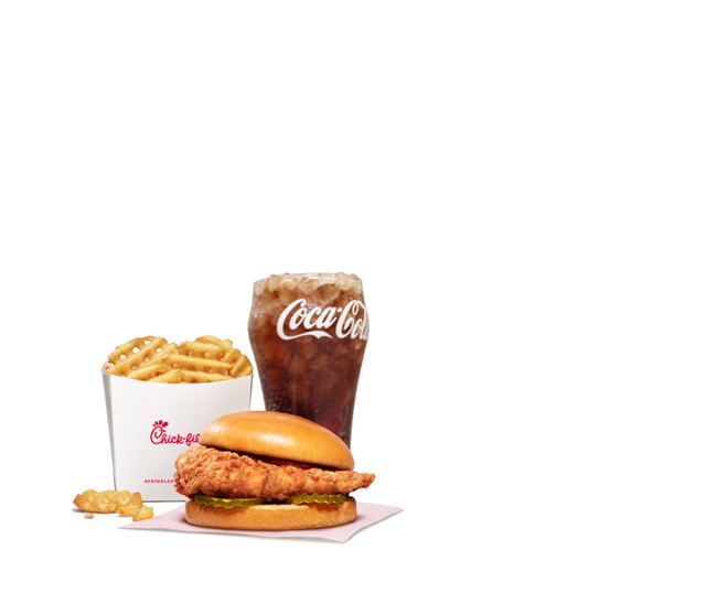 Chick-fil-A Original Chicken Sandwich meal with waffle fries and Coca-Cola